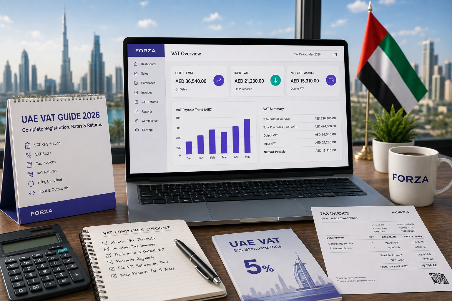 UAE VAT Guide 2026 showing VAT registration, tax invoice, VAT returns and accounting dashboard