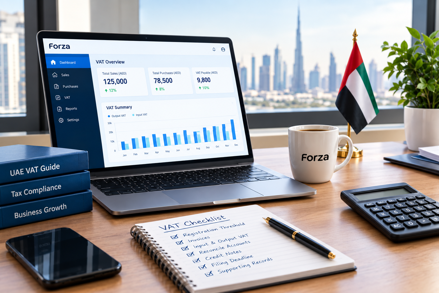UAE VAT Guide 2026 showing VAT registration, tax invoice, VAT returns and accounting dashboard